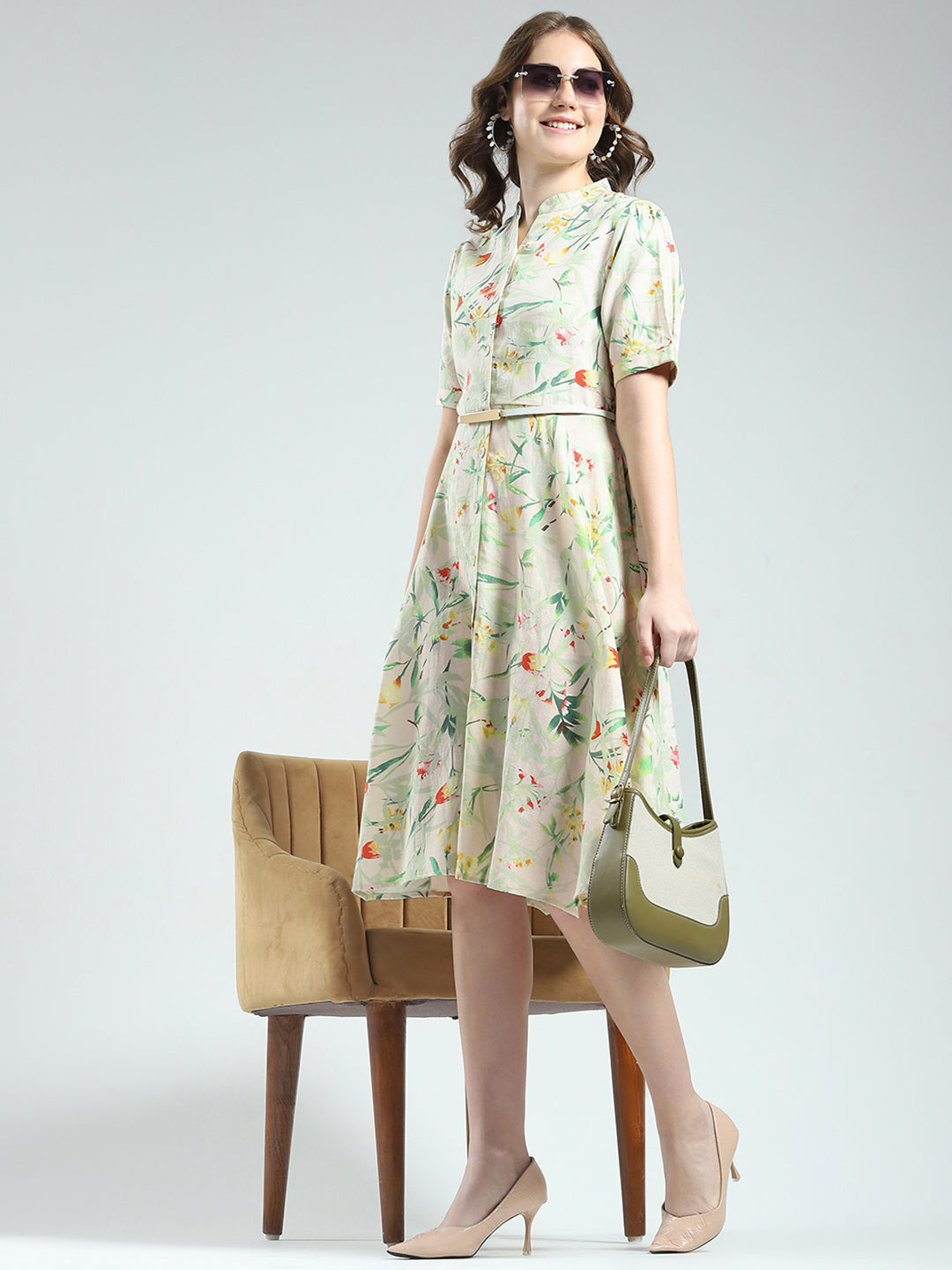 Women Beige Printed Band Neck Half Sleeve Dress