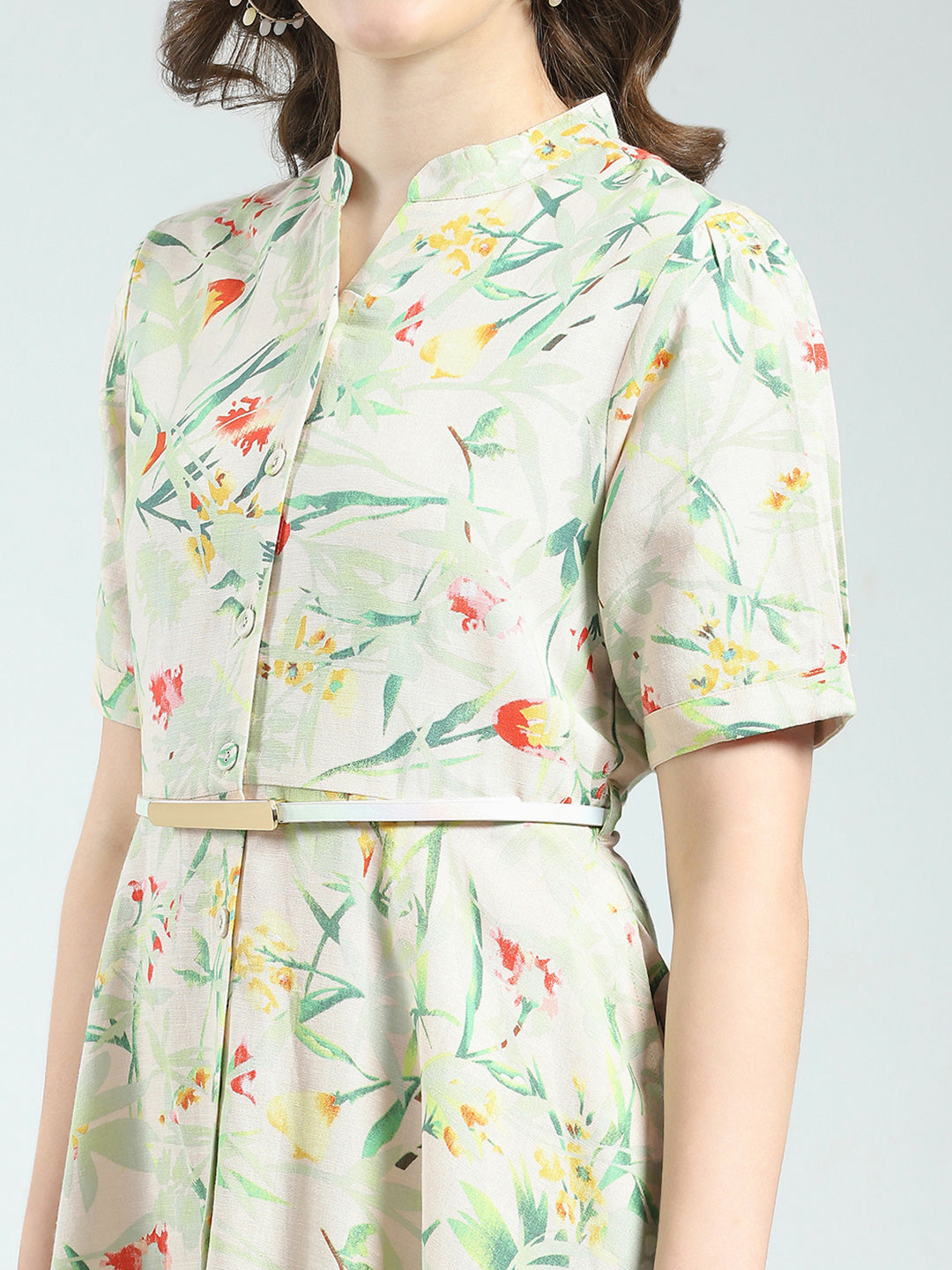 Women Beige Printed Band Neck Half Sleeve Dress