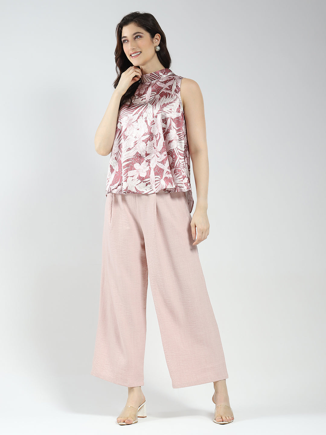 Women Pink Printed Band Neck Sleeveless Cords Set