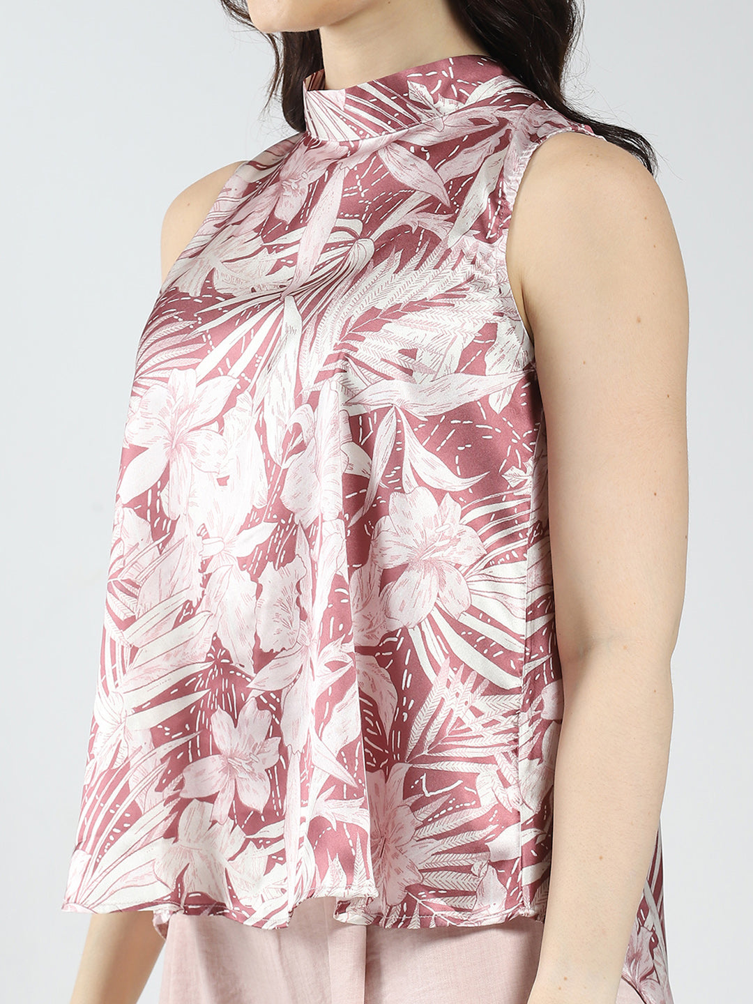 Women Pink Printed Band Neck Sleeveless Cords Set