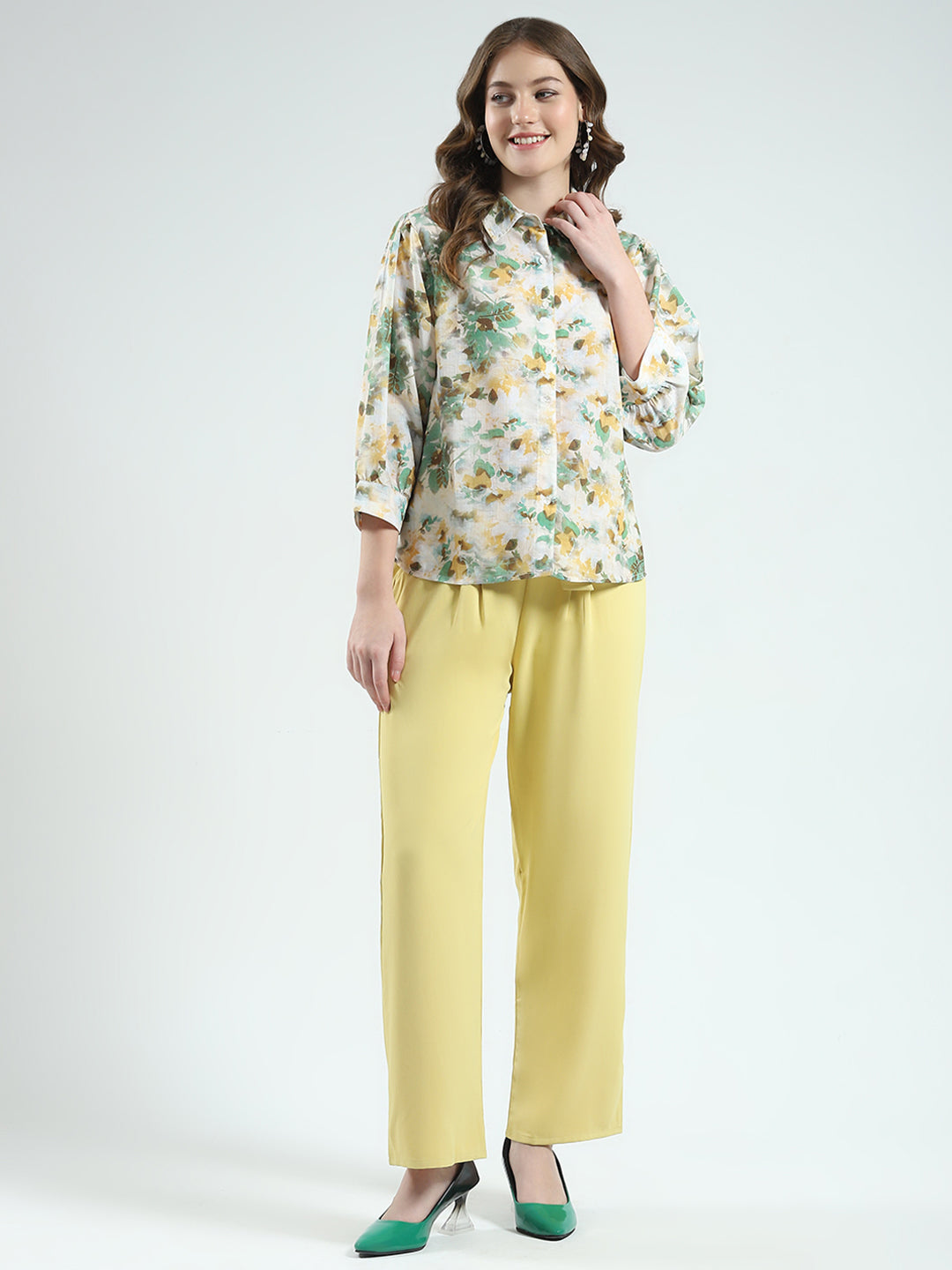 Women Green Printed Collar 3/4th Sleeve Cords Set