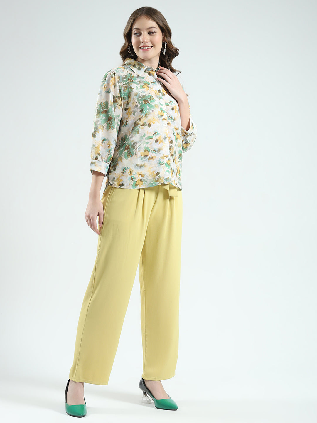 Women Green Printed Collar 3/4th Sleeve Cords Set