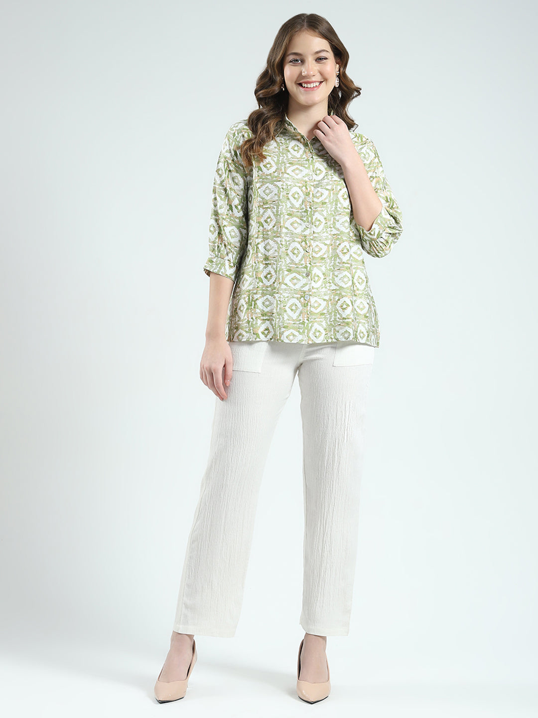 Women Green Printed Collar 3/4th Sleeve Cords Set