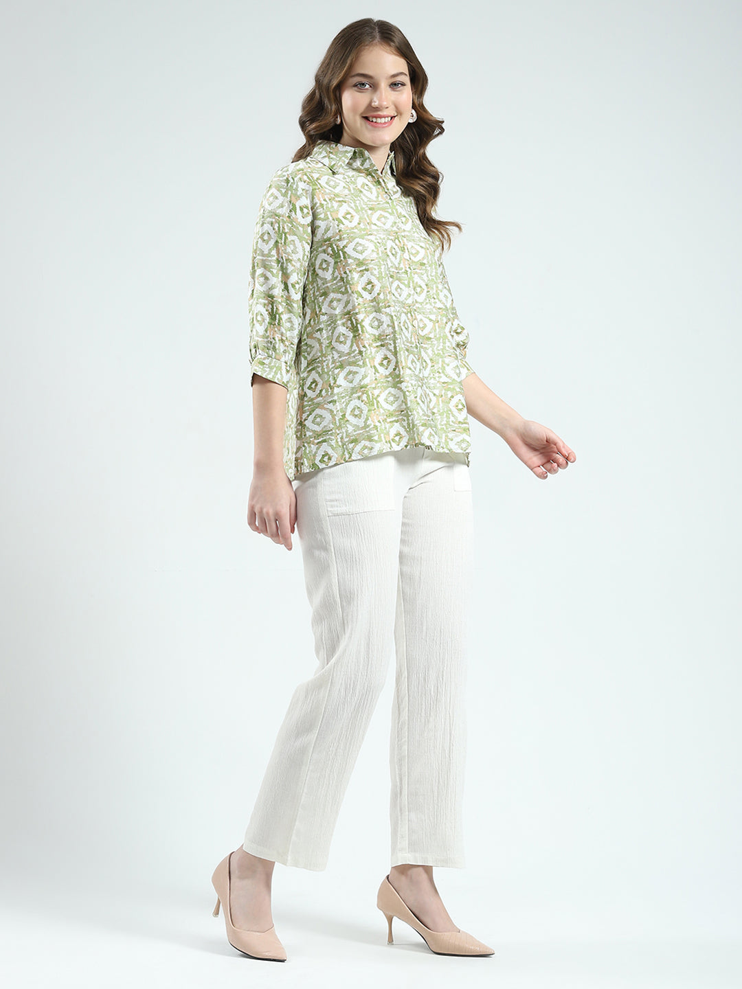 Women Green Printed Collar 3/4th Sleeve Cords Set