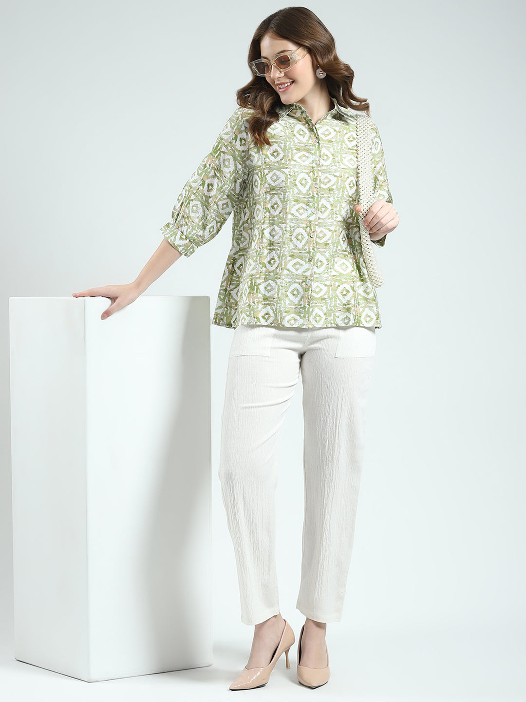 Women Green Printed Collar 3/4th Sleeve Cords Set