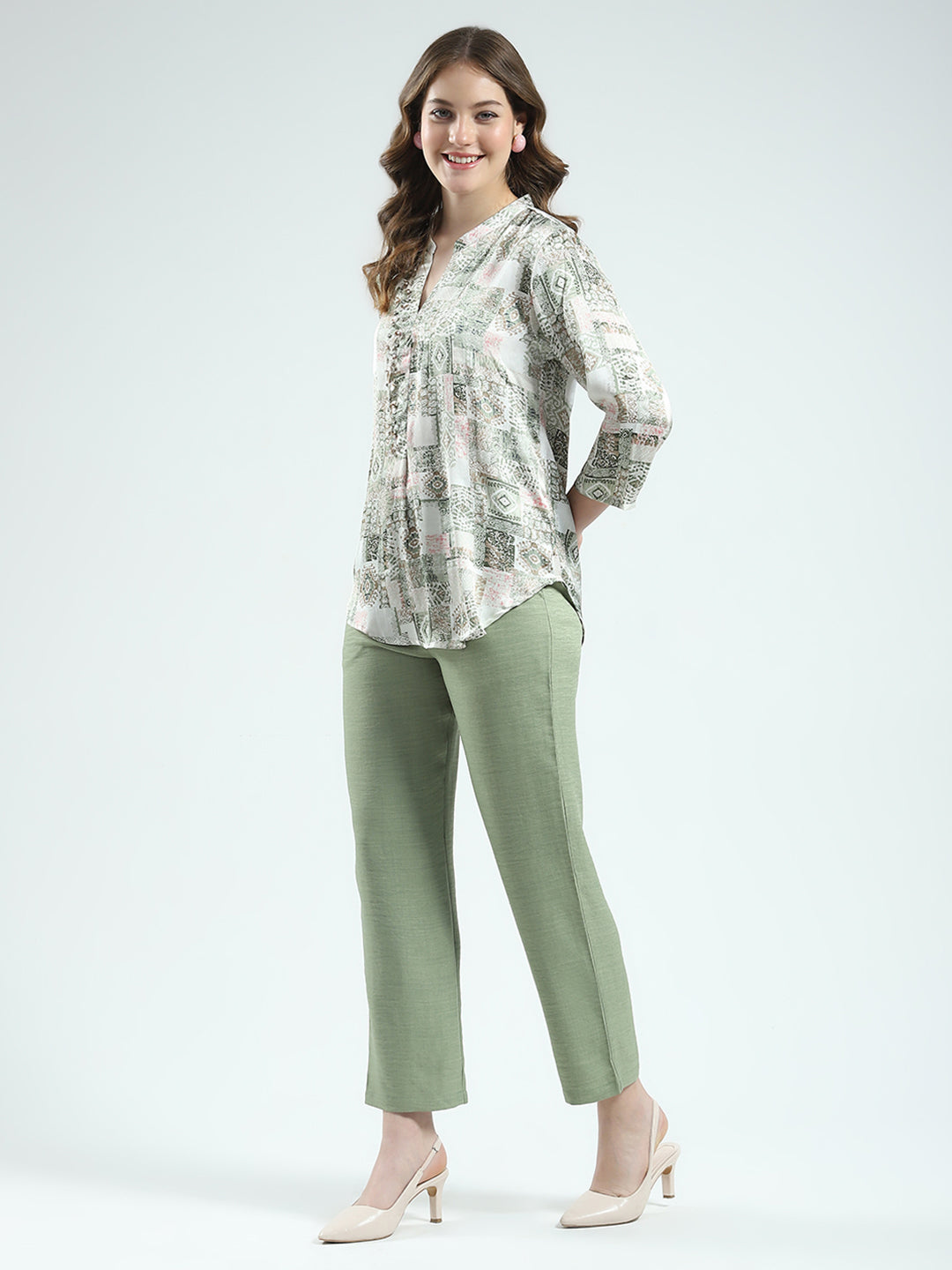Women Green Printed Round Neck 3/4th Sleeve Cords Set