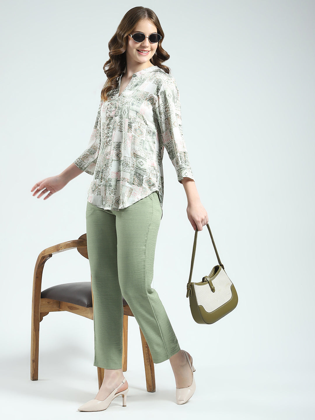 Women Green Printed Round Neck 3/4th Sleeve Cords Set