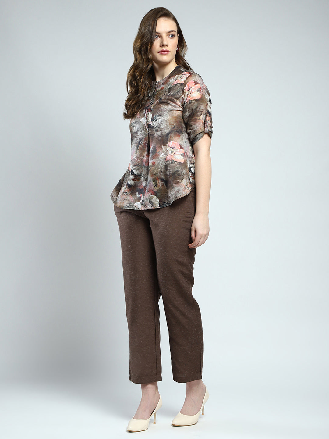 Women Brown Printed Round Neck Cords Set