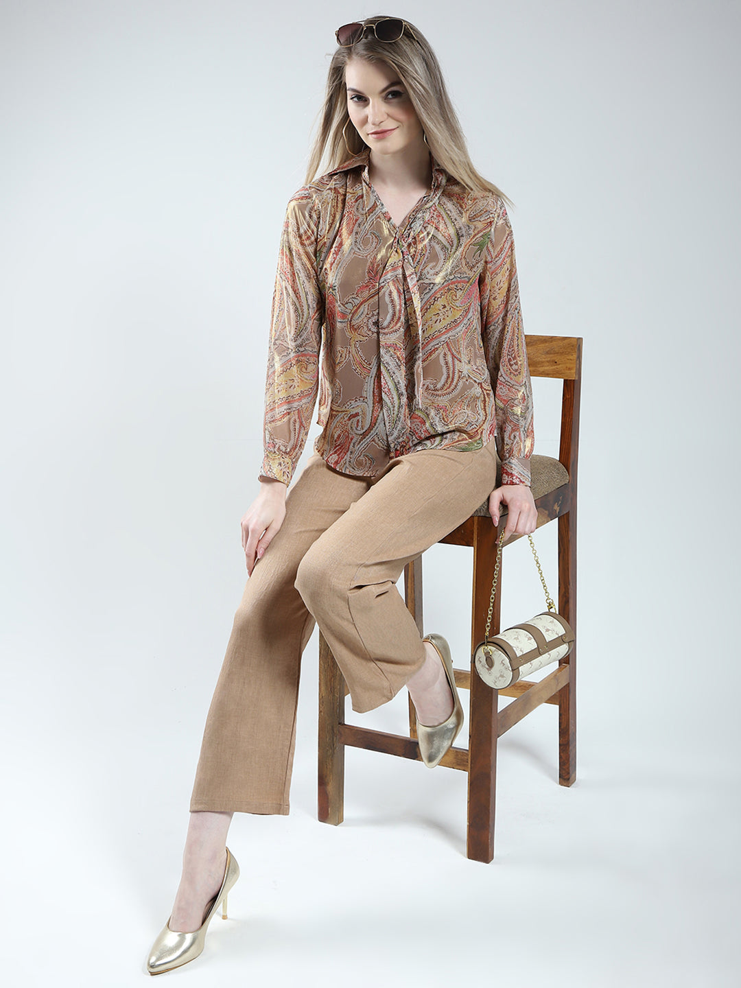 Women Brown Printed Collar Full Sleeve Cords Set