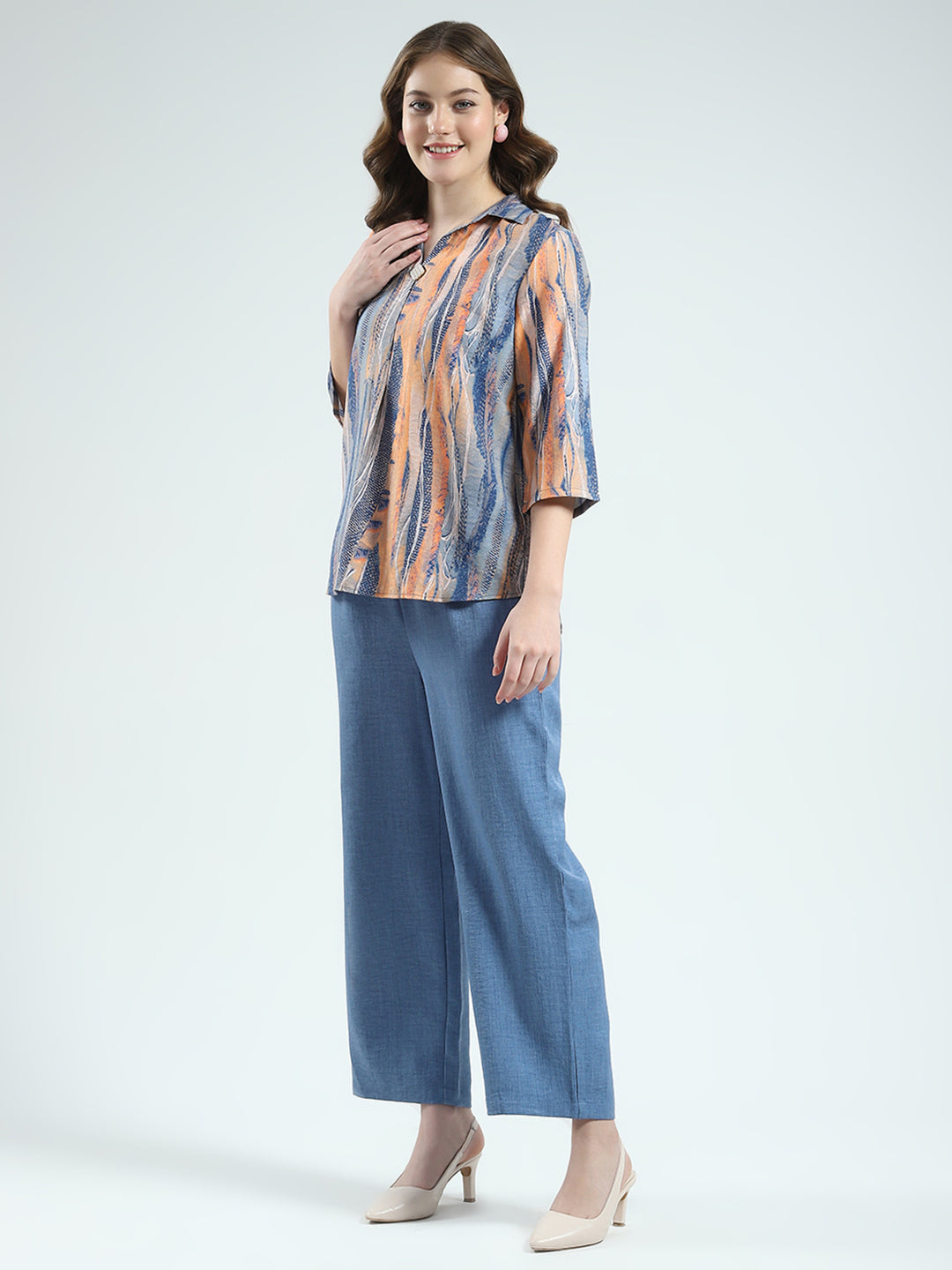 Women Blue Printed Collar 3/4th Sleeve Cords Set