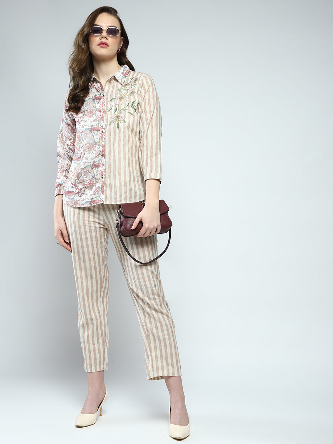 Women Beige Printed Collar Full Sleeve Cords Set