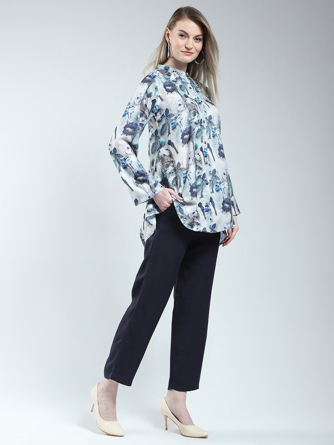 Women Blue Printed Band Neck Full Sleeve Cords Set