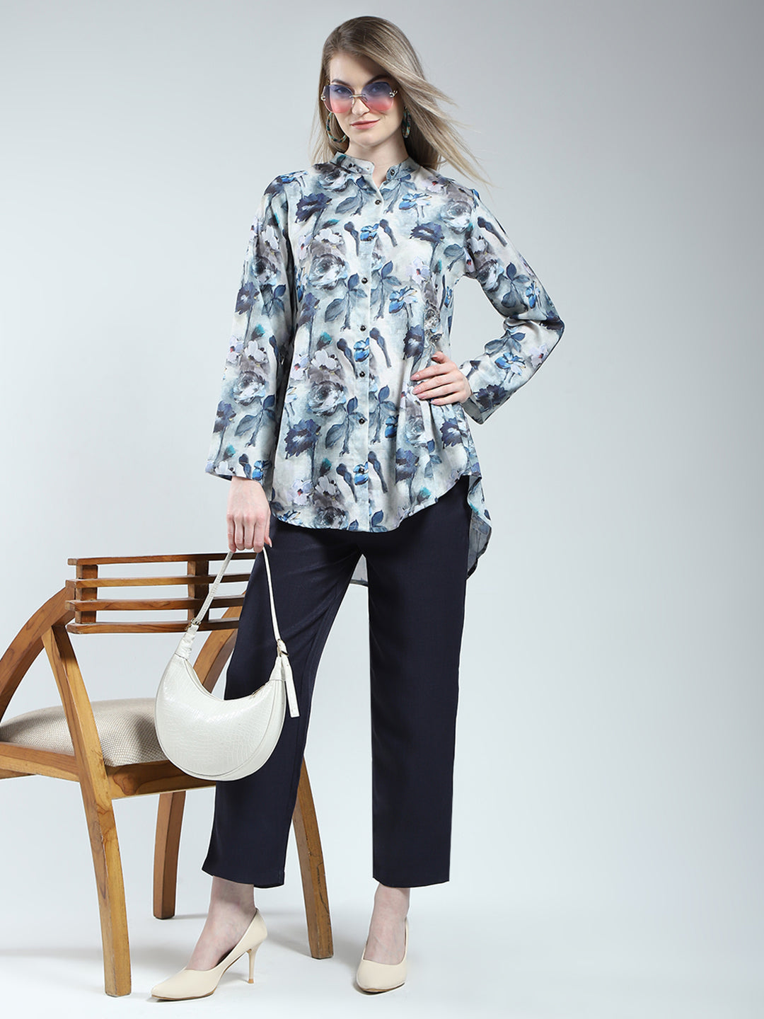 Women Blue Printed Band Neck Full Sleeve Cords Set