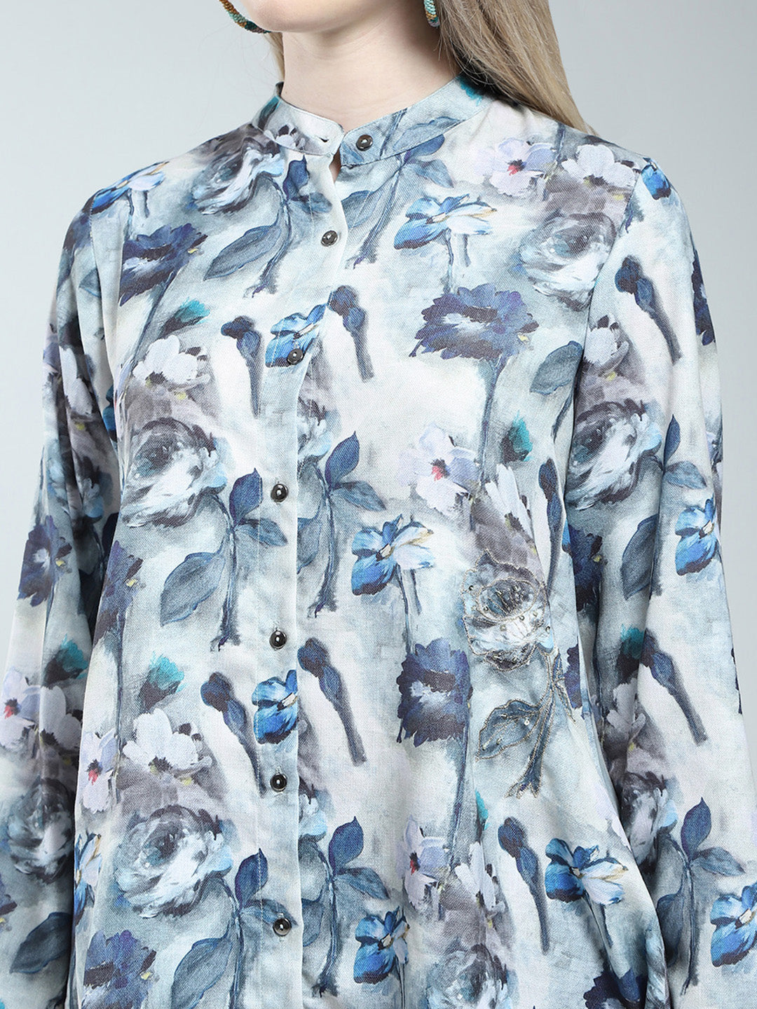 Women Blue Printed Band Neck Full Sleeve Cords Set