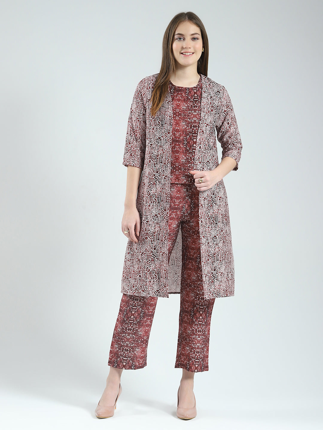 Women Maroon Printed Round Neck Sleeveless 3 Pcs Cords Set