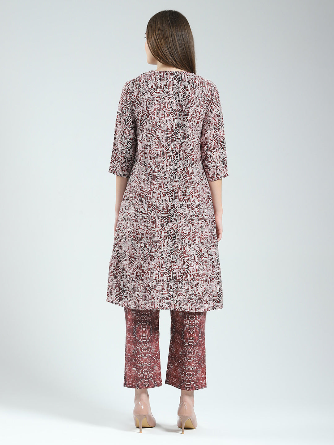 Women Maroon Printed Round Neck Sleeveless 3 Pcs Cords Set