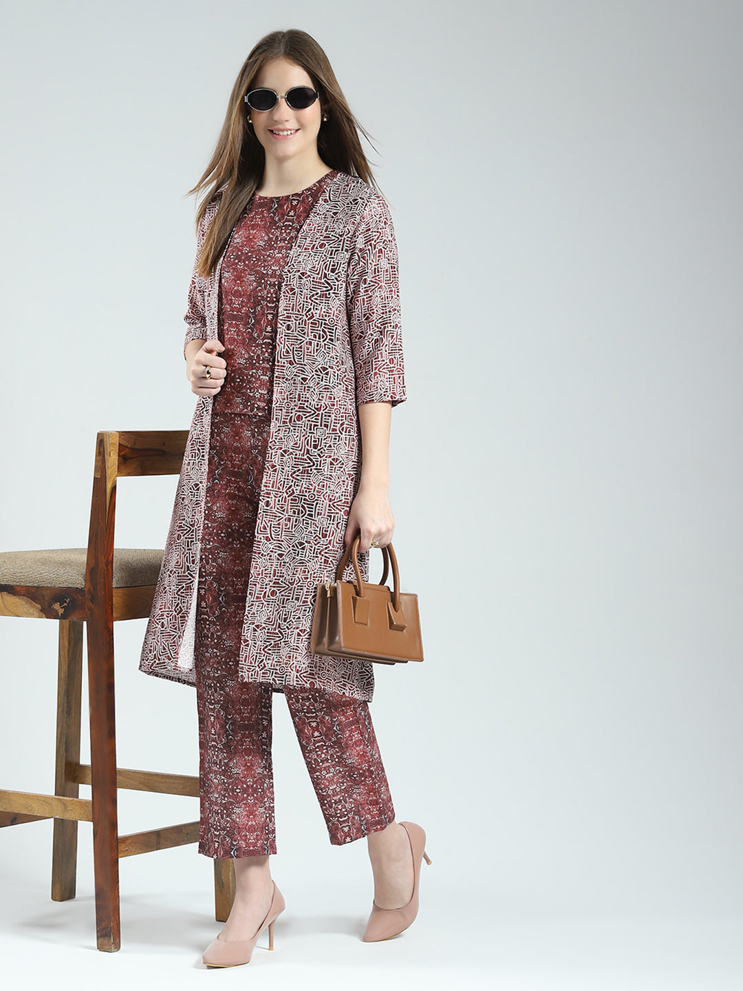 Women Maroon Printed Round Neck Sleeveless 3 Pcs Cords Set