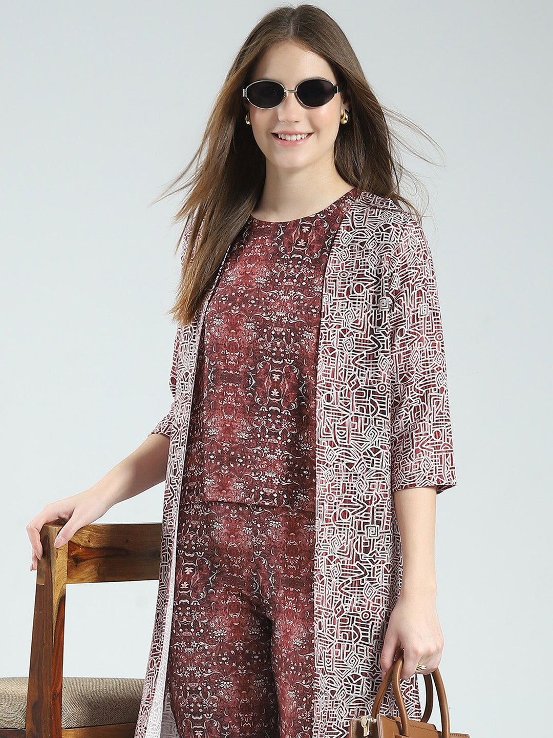 Women Maroon Printed Round Neck Sleeveless 3 Pcs Cords Set