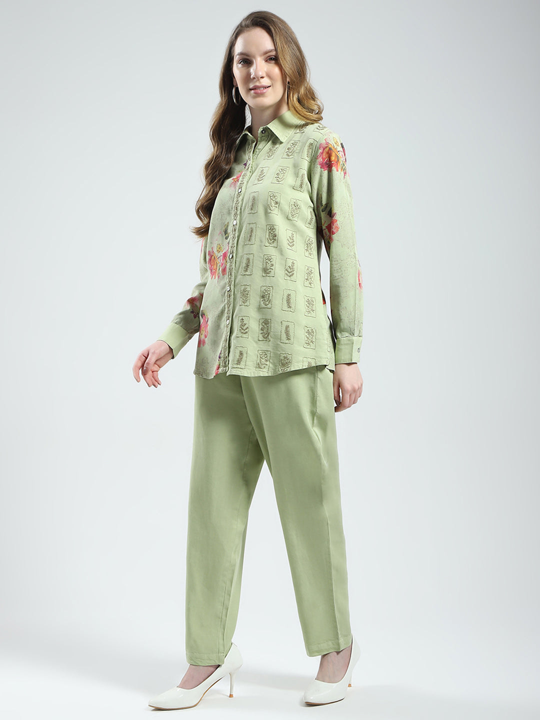 Women Green Printed Collar Full Sleeve Cords Set