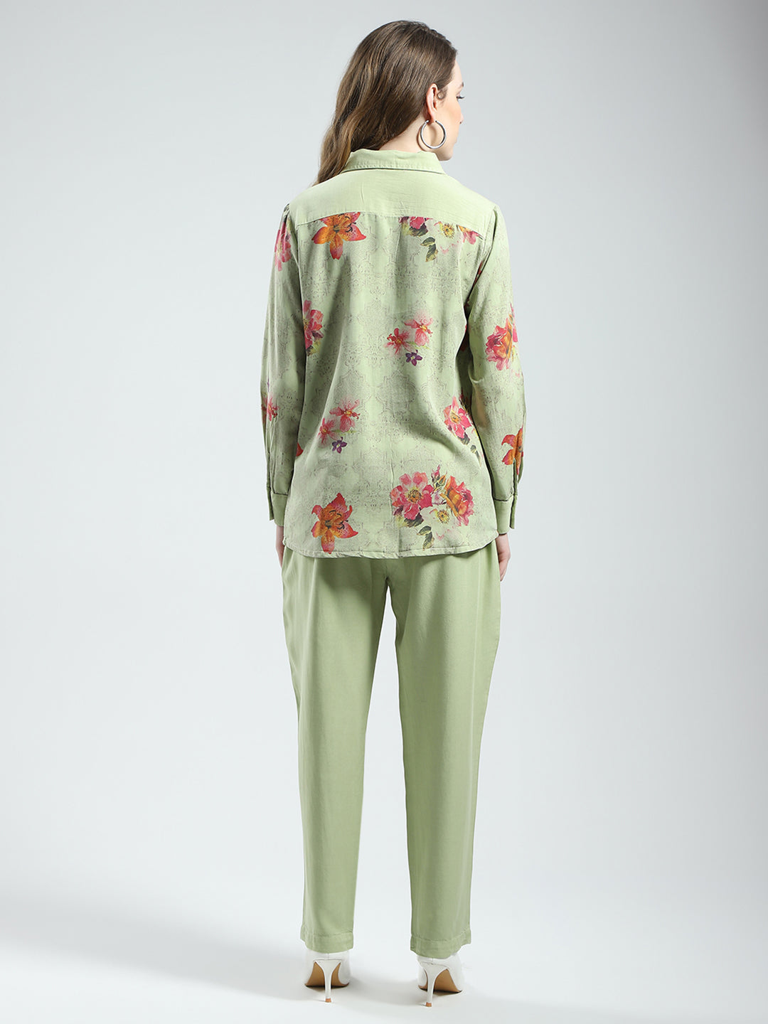 Women Green Printed Collar Full Sleeve Cords Set