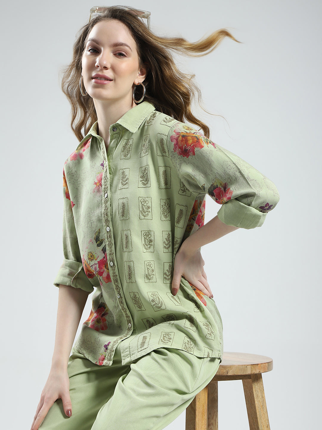 Women Green Printed Collar Full Sleeve Cords Set