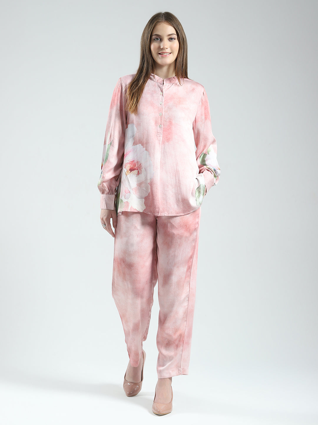 Women Pink Printed Band Neck Full Sleeve Cords Set