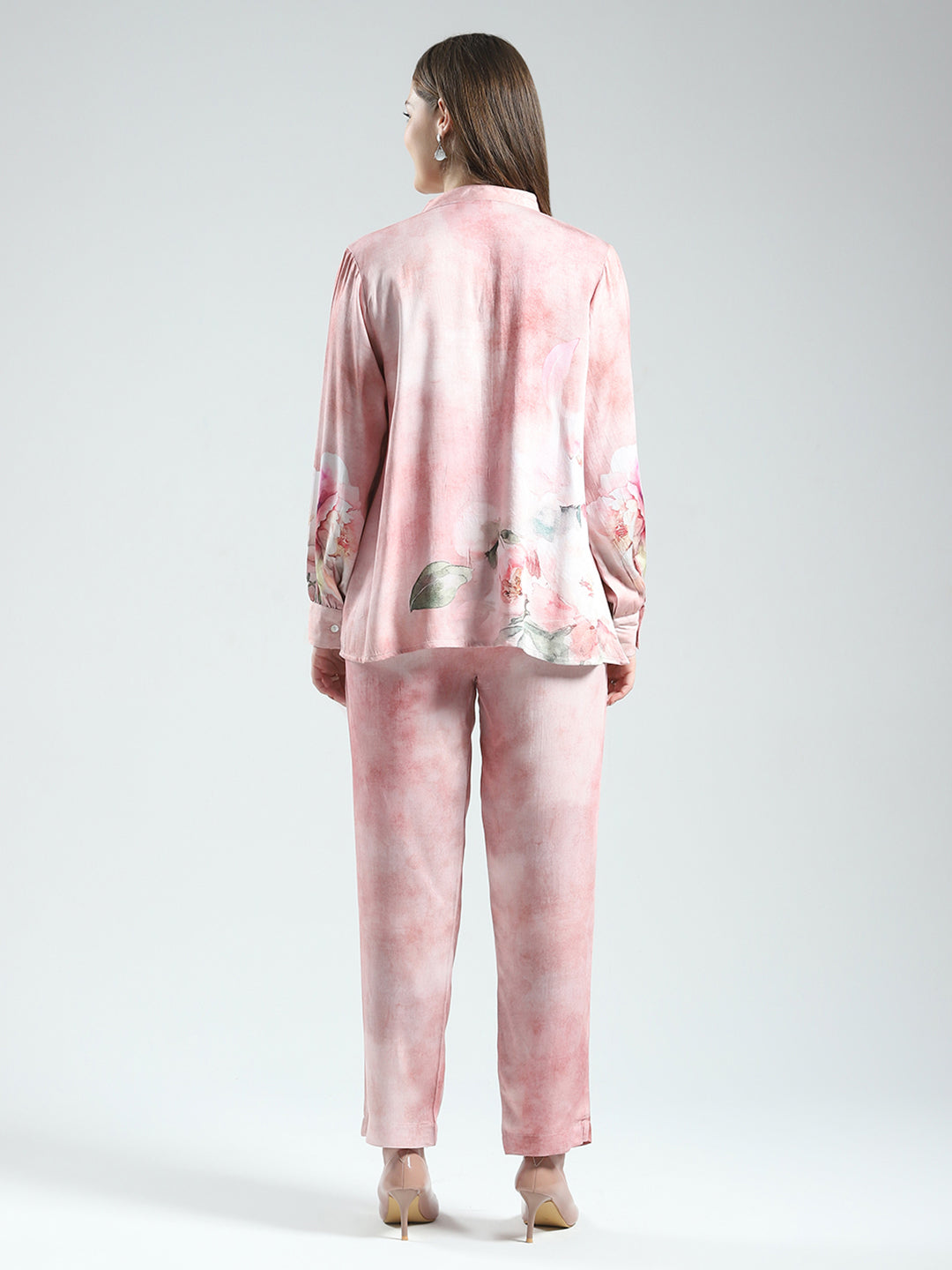 Women Pink Printed Band Neck Full Sleeve Cords Set