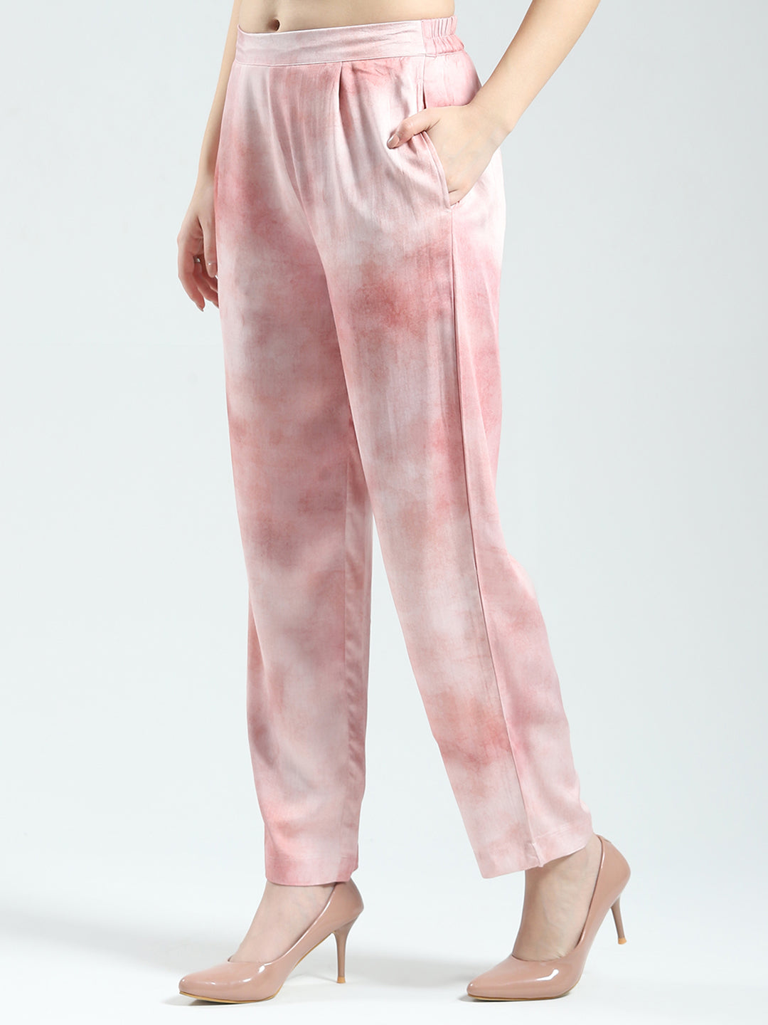 Women Pink Printed Band Neck Full Sleeve Cords Set