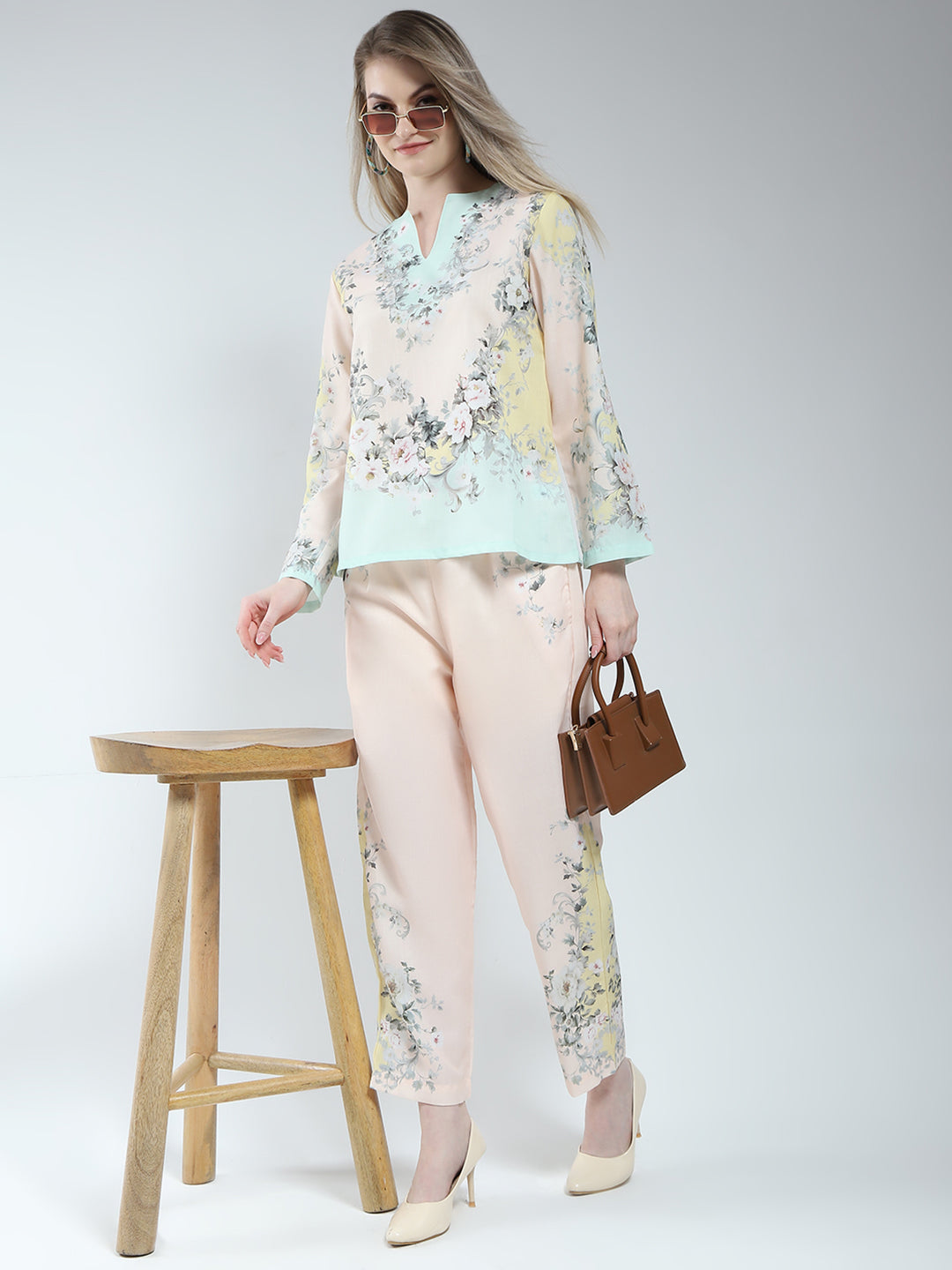 Women Beige Printed Round Neck Full Sleeve Cords Set