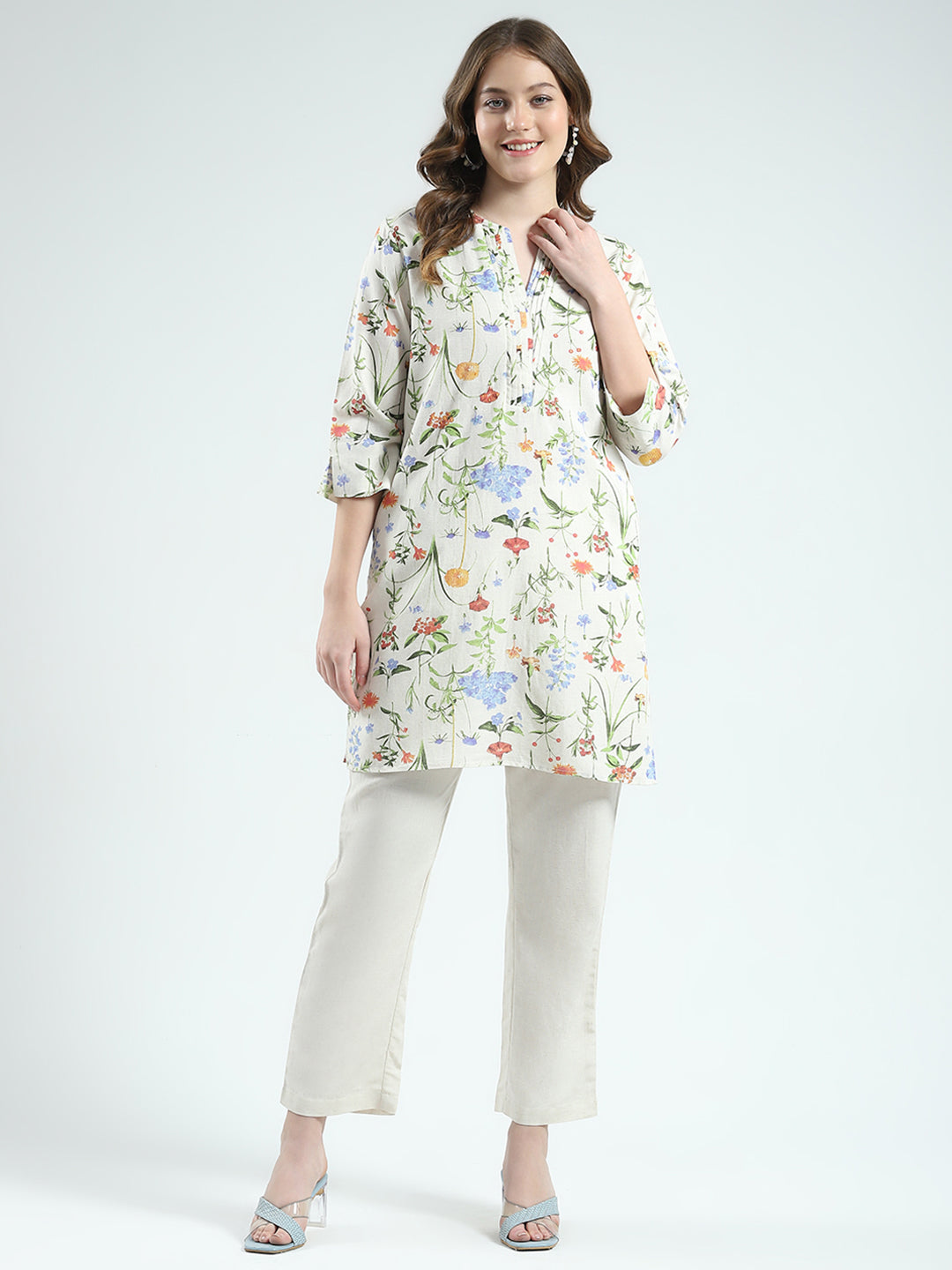 Women Beige Printed Round Neck Full Sleeve Cords Set