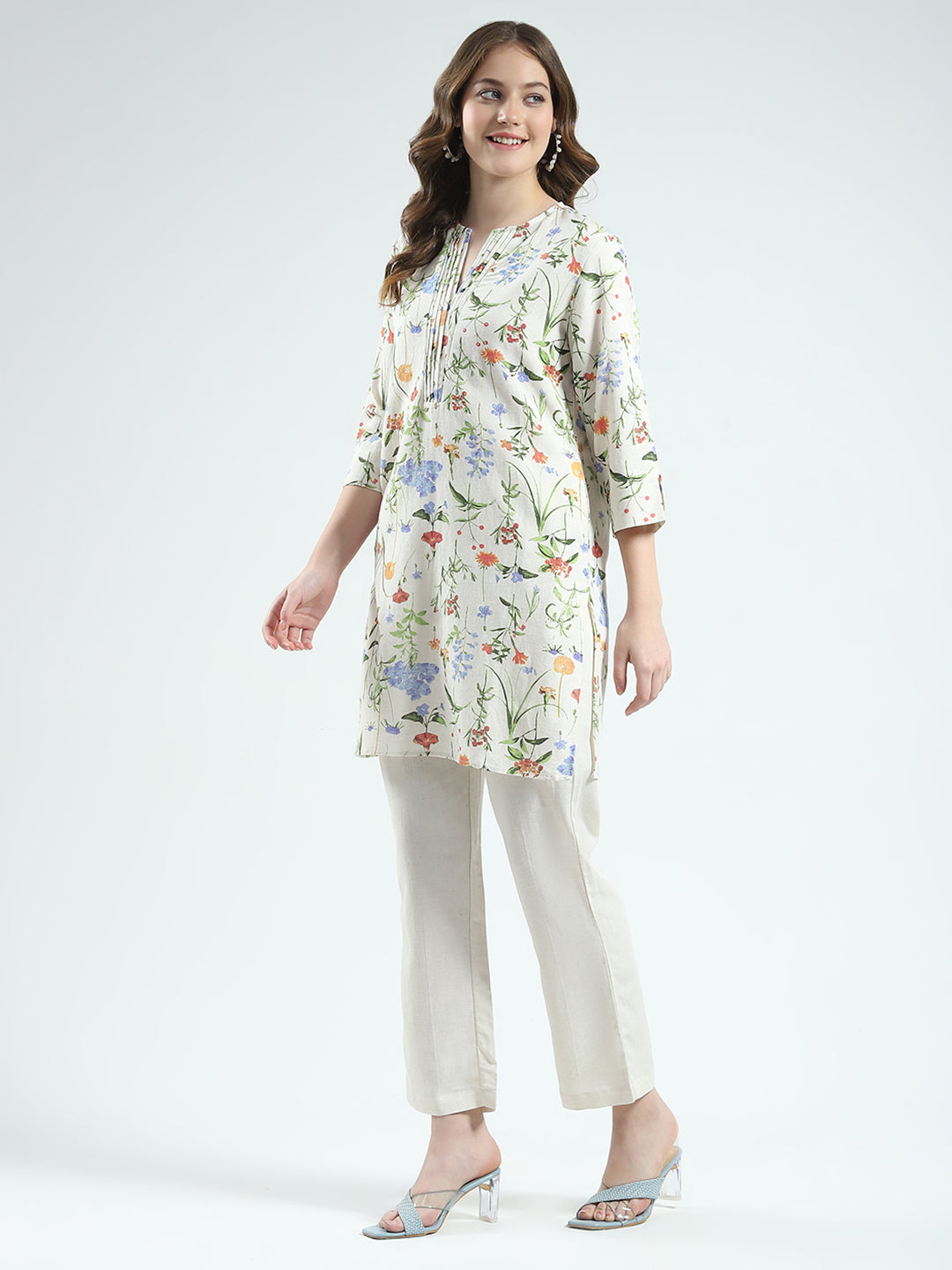 Women Beige Printed Round Neck Full Sleeve Cords Set