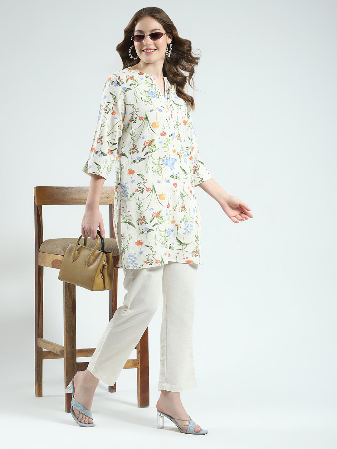 Women Beige Printed Round Neck Full Sleeve Cords Set