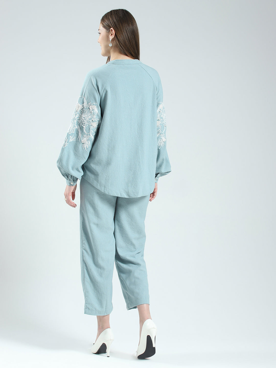 Women Green Self Design Band Neck Full Sleeve Cords Set