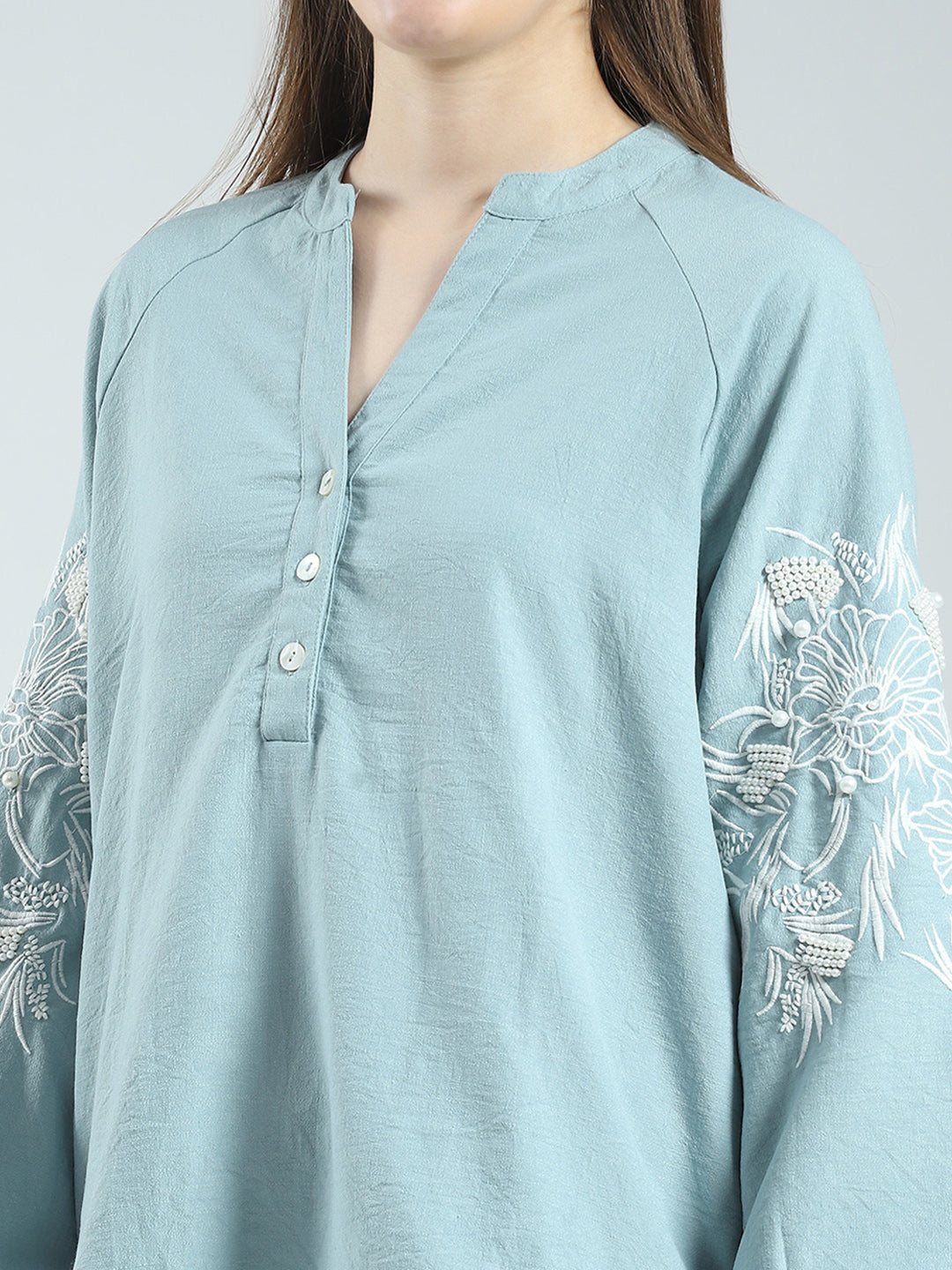 Women Green Self Design Band Neck Full Sleeve Cords Set