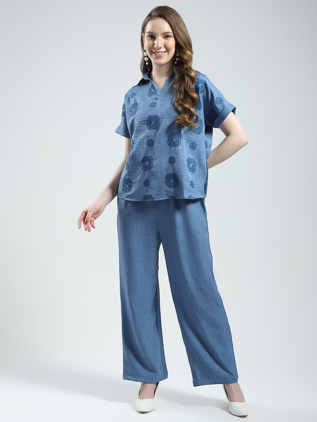 Women Blue Embroidered Collar Half Sleeve Cords Set