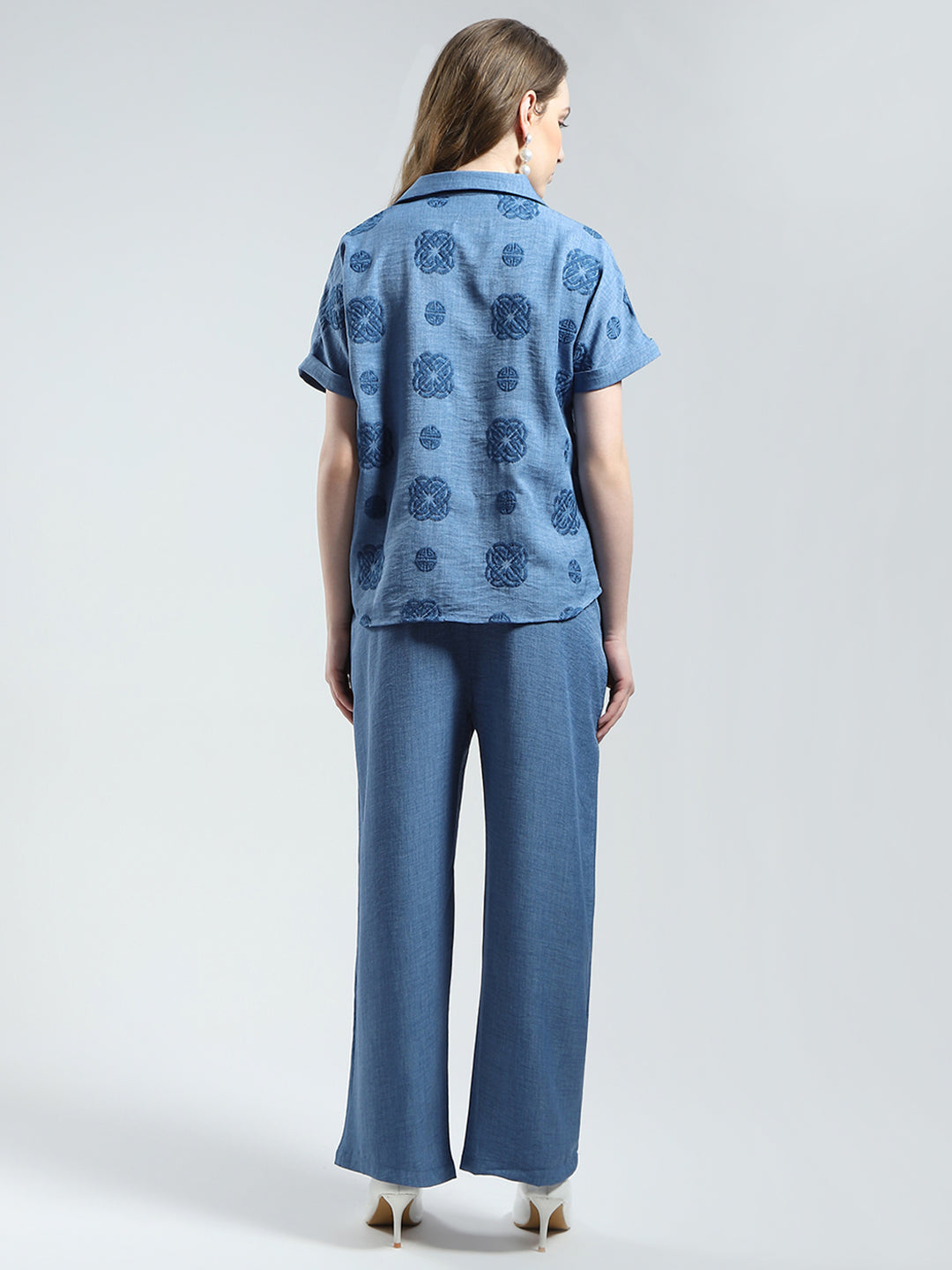 Women Blue Embroidered Collar Half Sleeve Cords Set