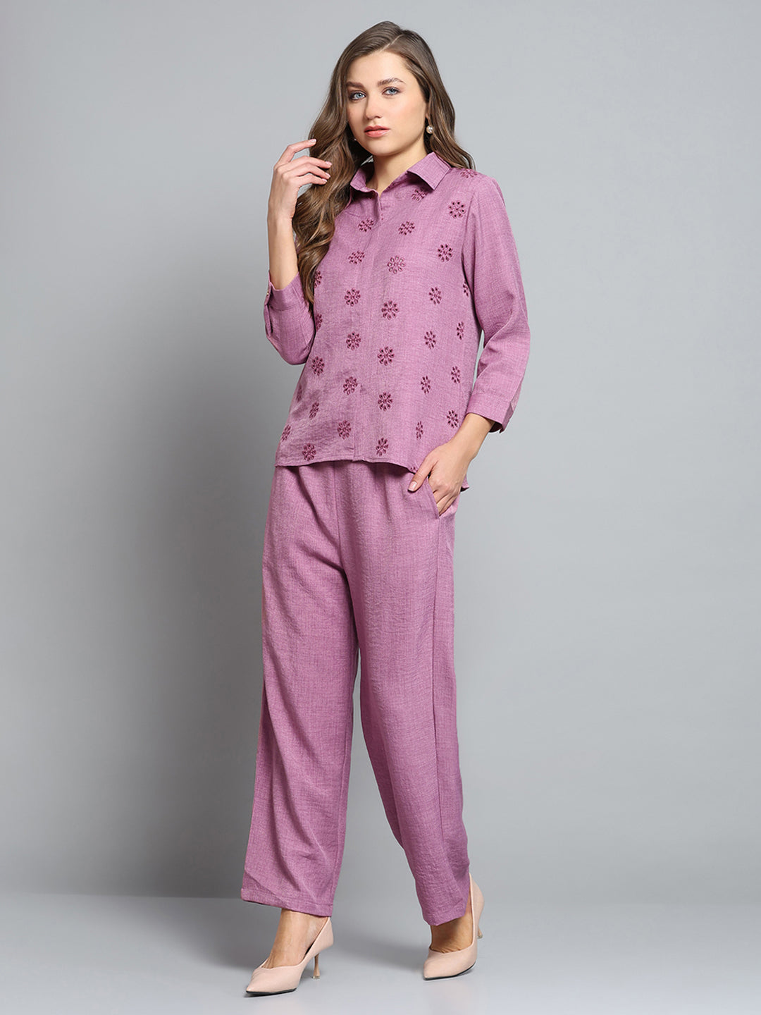 Women Pink Self Design Collar 3/4th Sleeve Cords Set