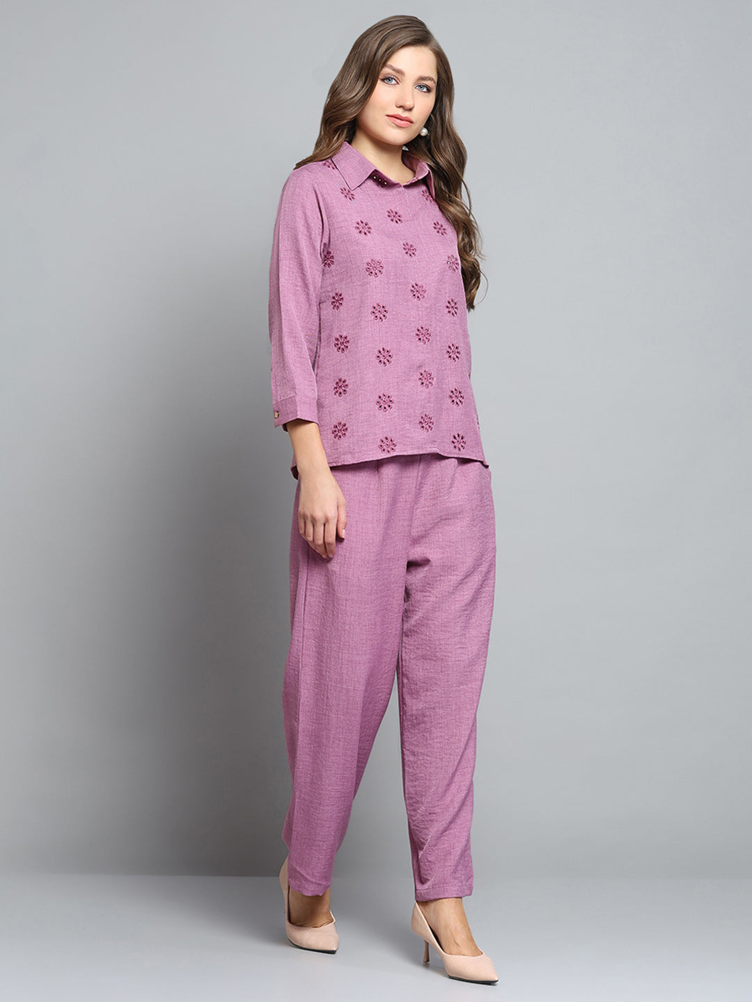 Women Pink Self Design Collar 3/4th Sleeve Cords Set