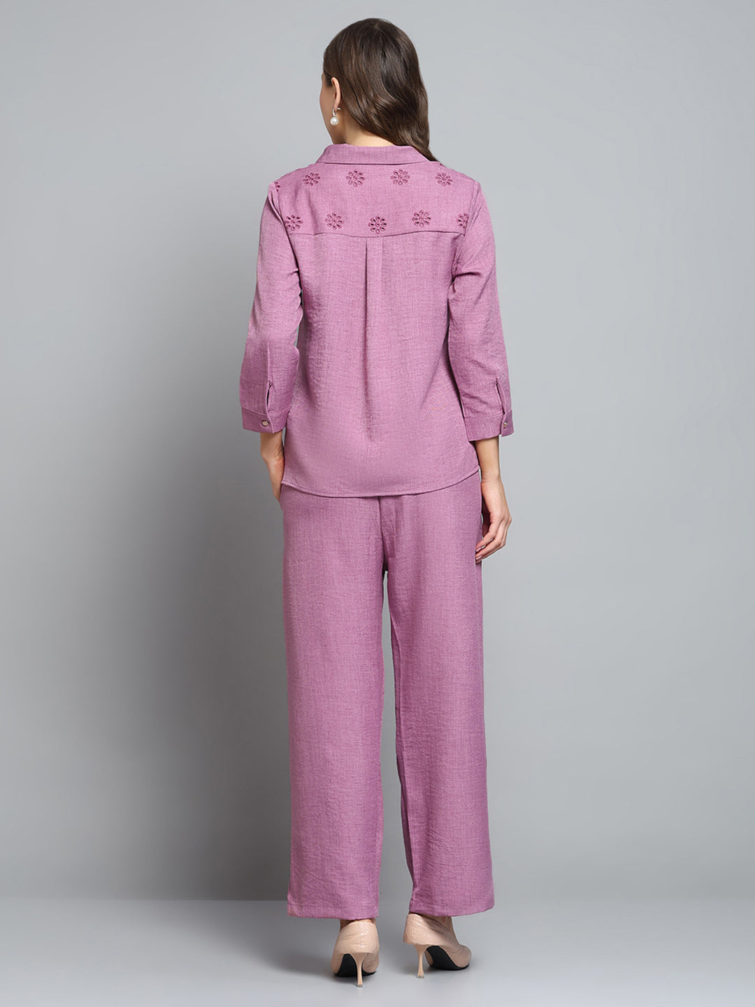 Women Pink Self Design Collar 3/4th Sleeve Cords Set