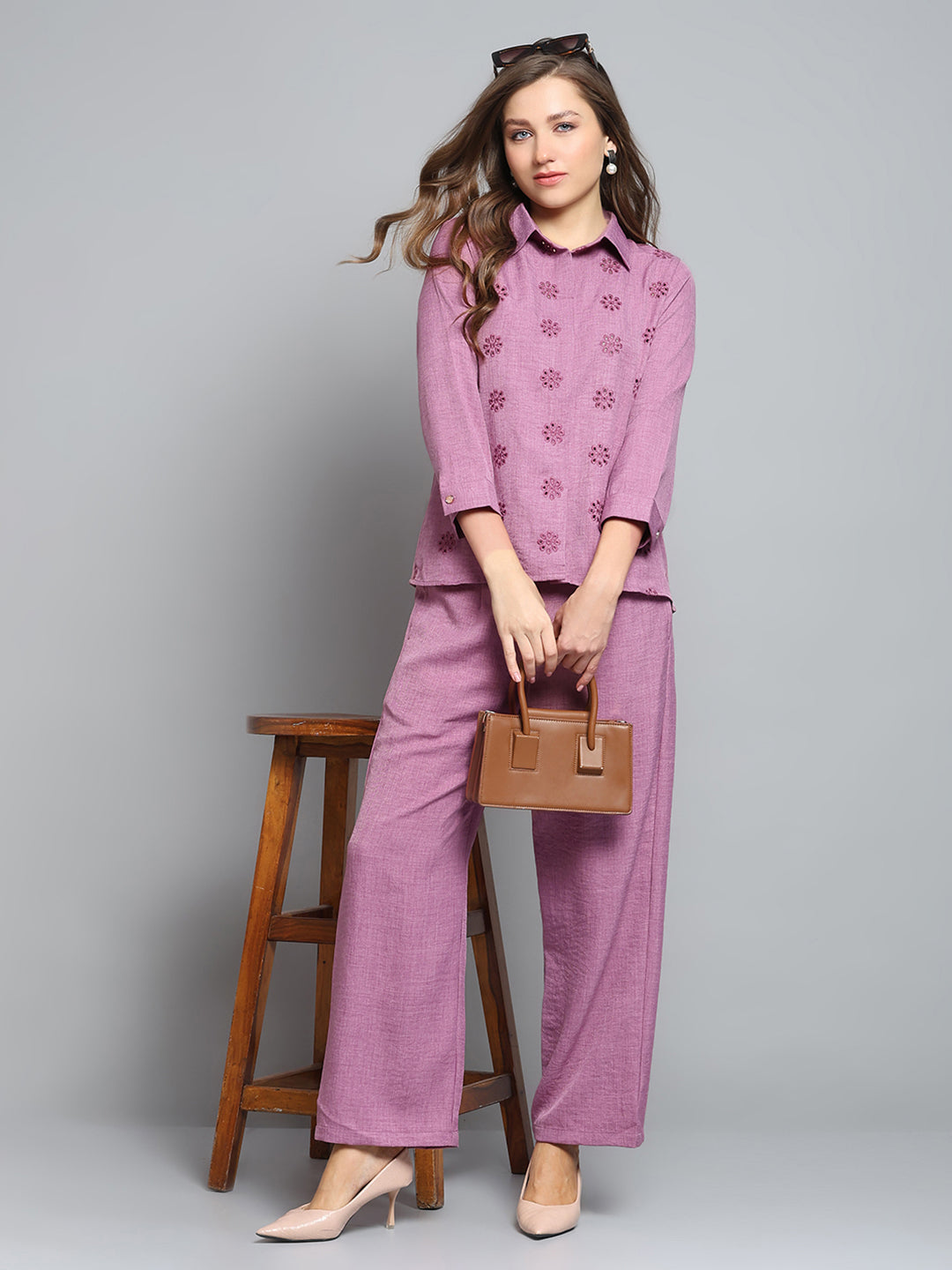 Women Pink Self Design Collar 3/4th Sleeve Cords Set