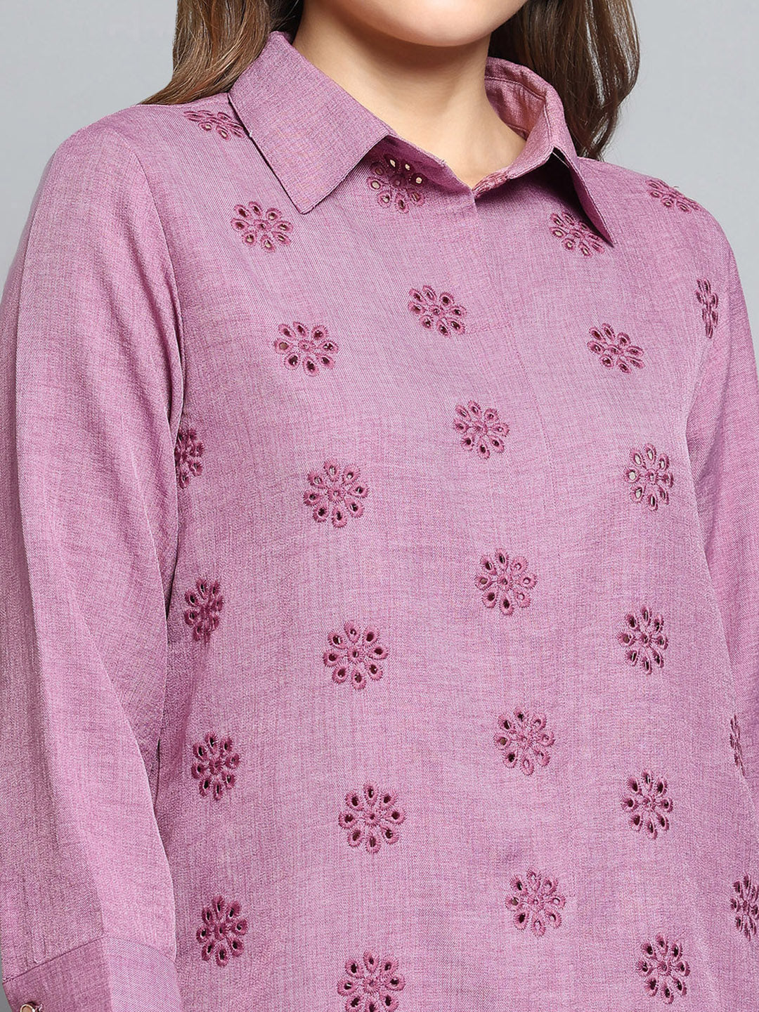 Women Pink Self Design Collar 3/4th Sleeve Cords Set