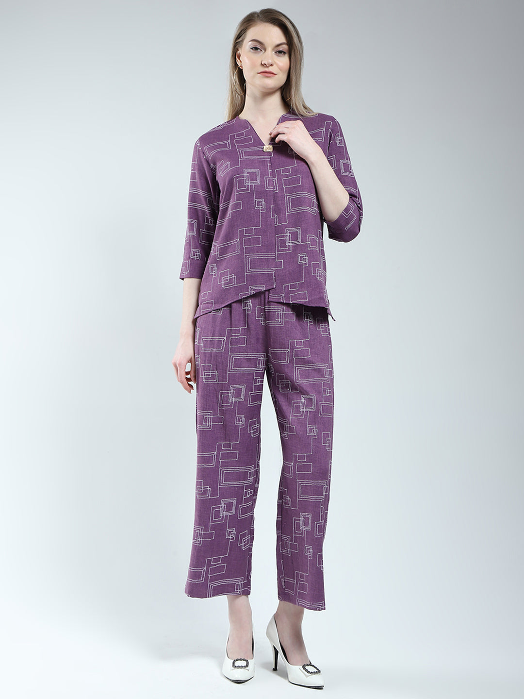 Women Purple Printed Round Neck Cords Set