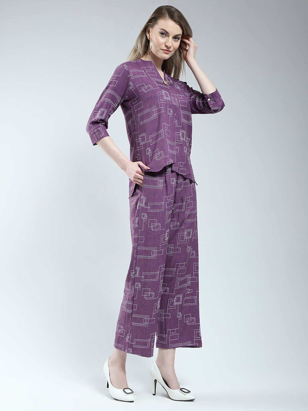 Women Purple Printed Round Neck 3/4th Sleeve Cords Set