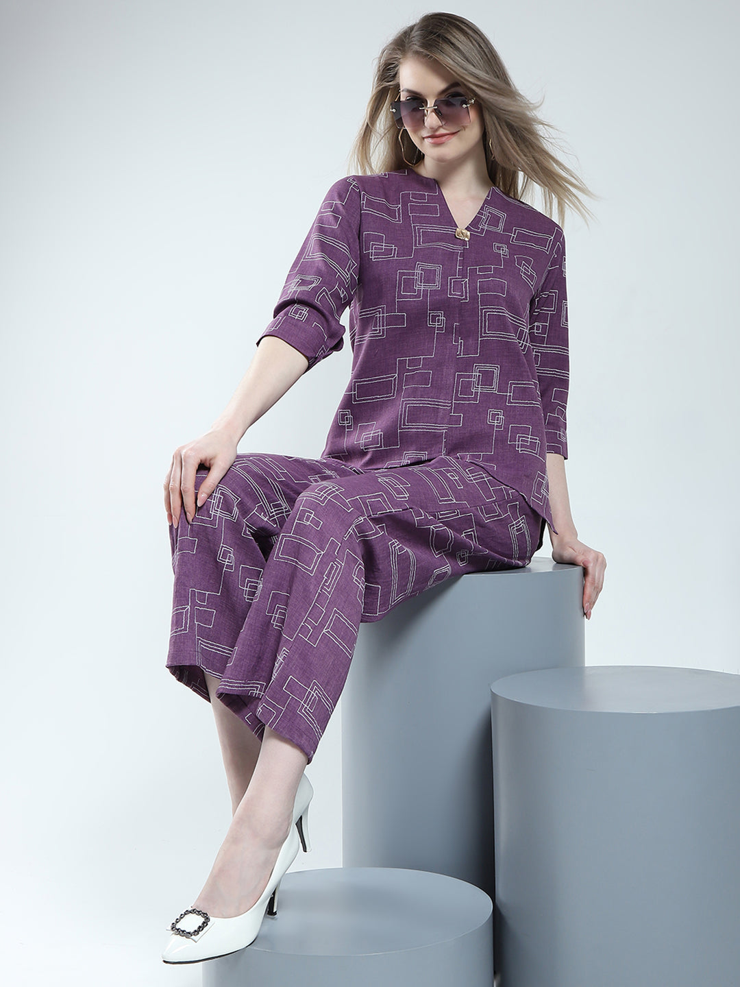 Women Purple Printed Round Neck 3/4th Sleeve Cords Set