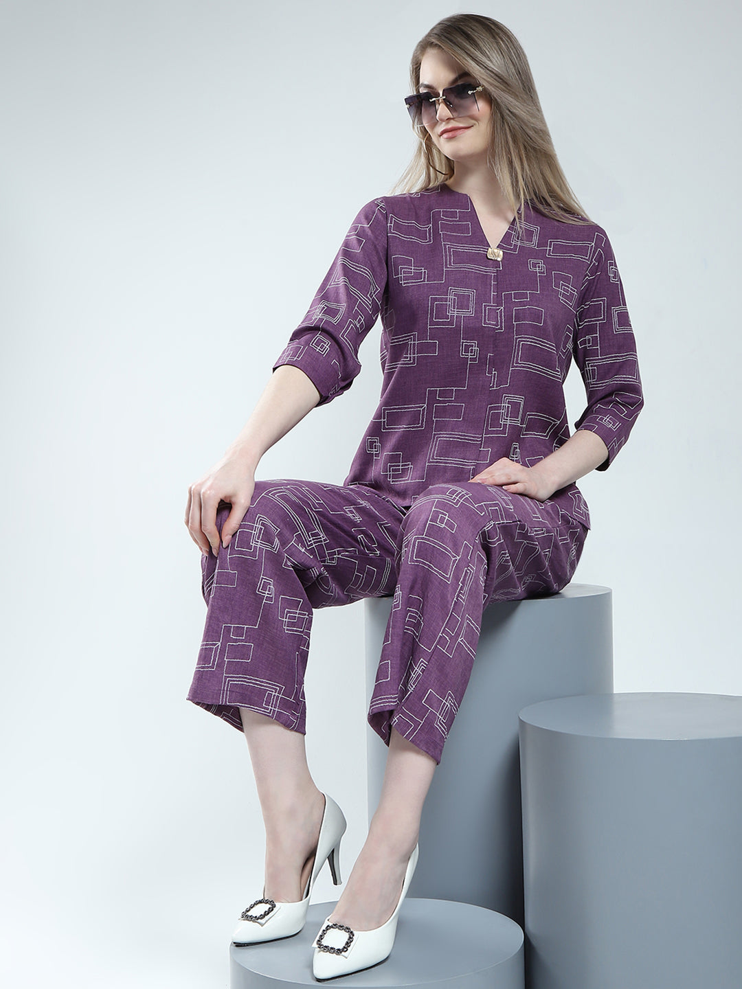 Women Purple Printed Round Neck Cords Set