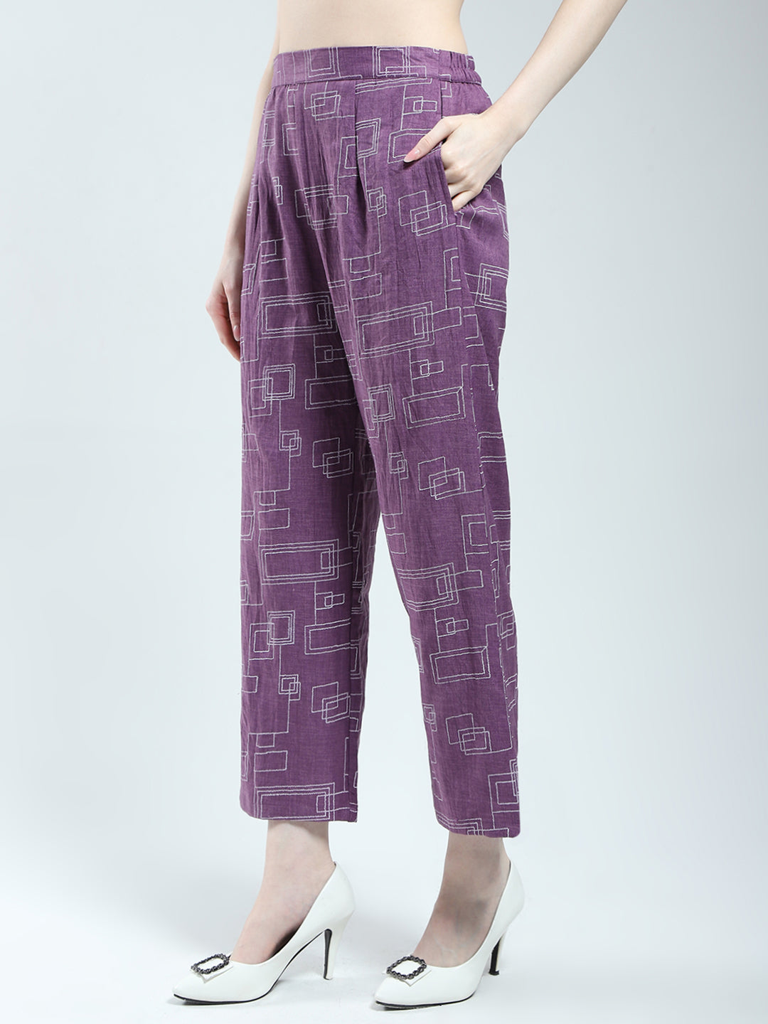 Women Purple Printed Round Neck 3/4th Sleeve Cords Set