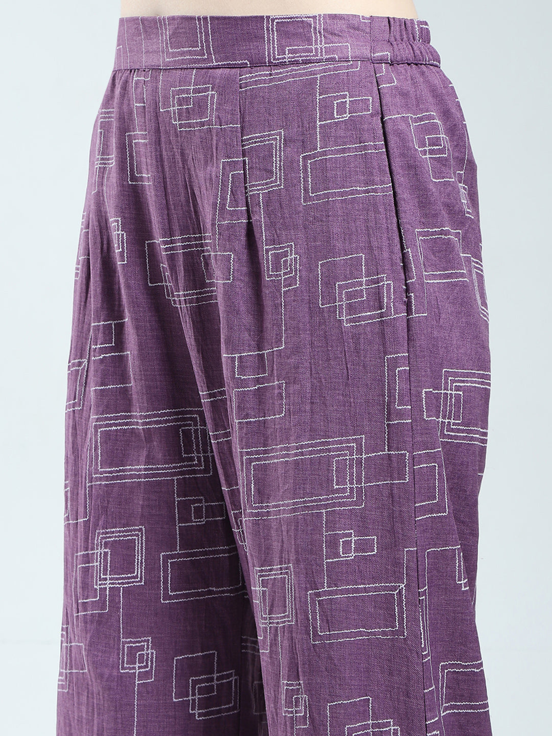 Women Purple Printed Round Neck 3/4th Sleeve Cords Set