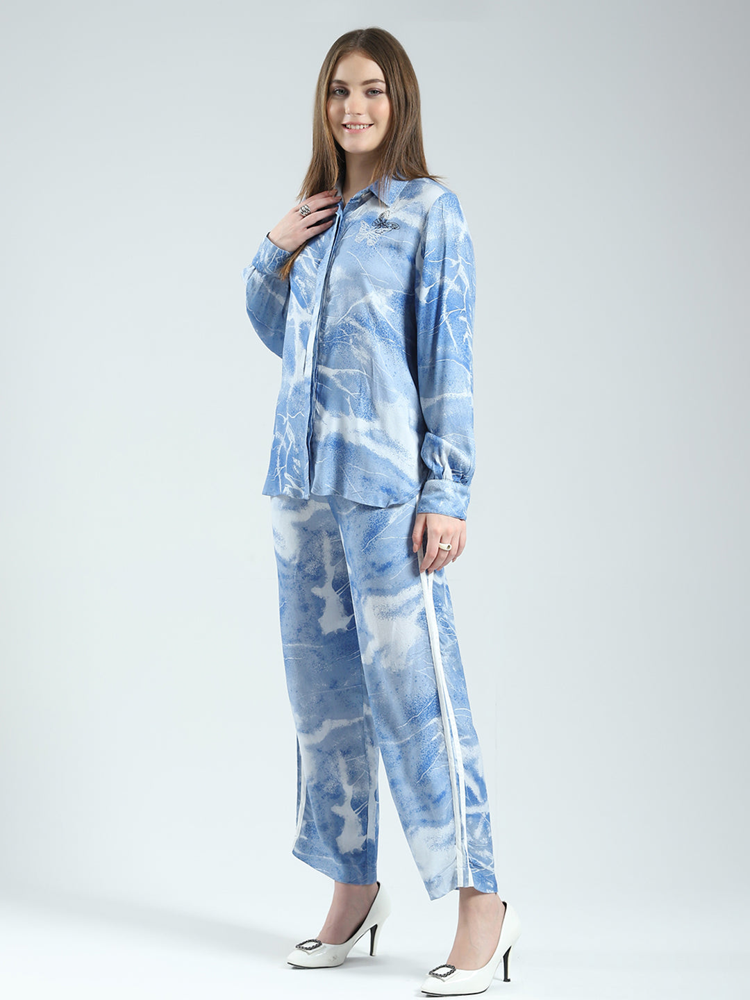 Women Blue Printed Collar Full Sleeve Cords Set