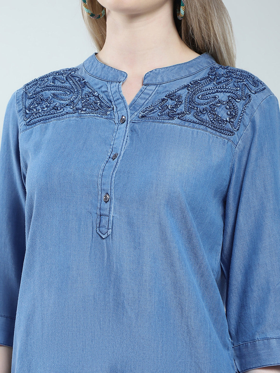 Women Blue Solid Round Neck 3/4th Sleeve Cords Set