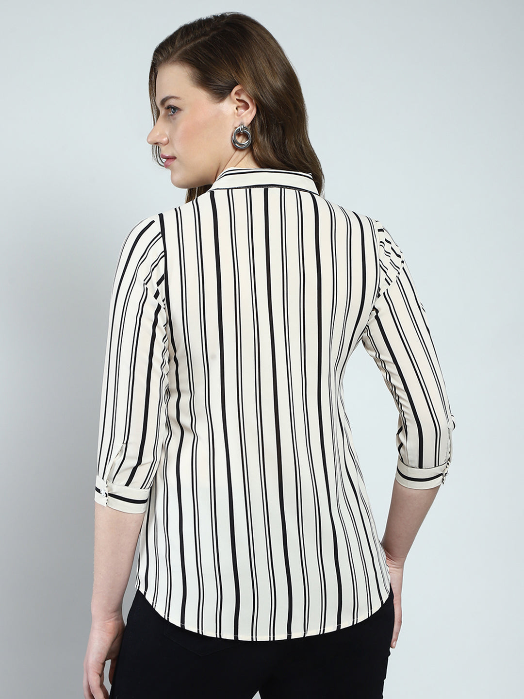 Women White Stripe Front Open 3/4th Sleeve Shirt